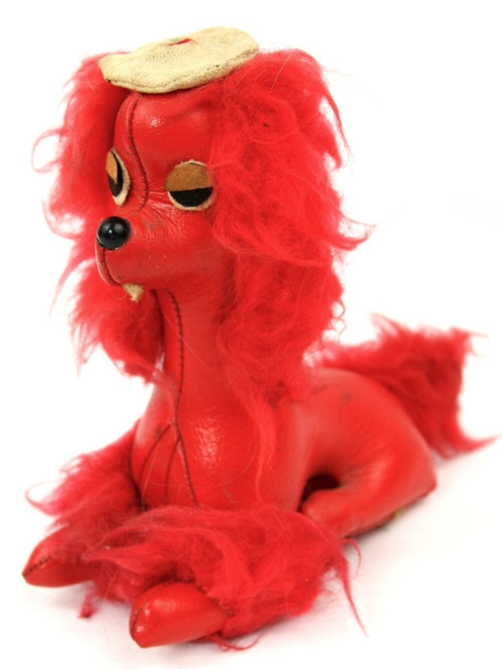 Vintage Red Vinyl Furry Dog Poodle Stiff Stuffed Animal Plush Toy MCM 1950s